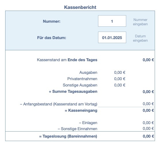 Numbers Vorlage Kassenbuch mit USt 2025 Kasenbericht erstellen