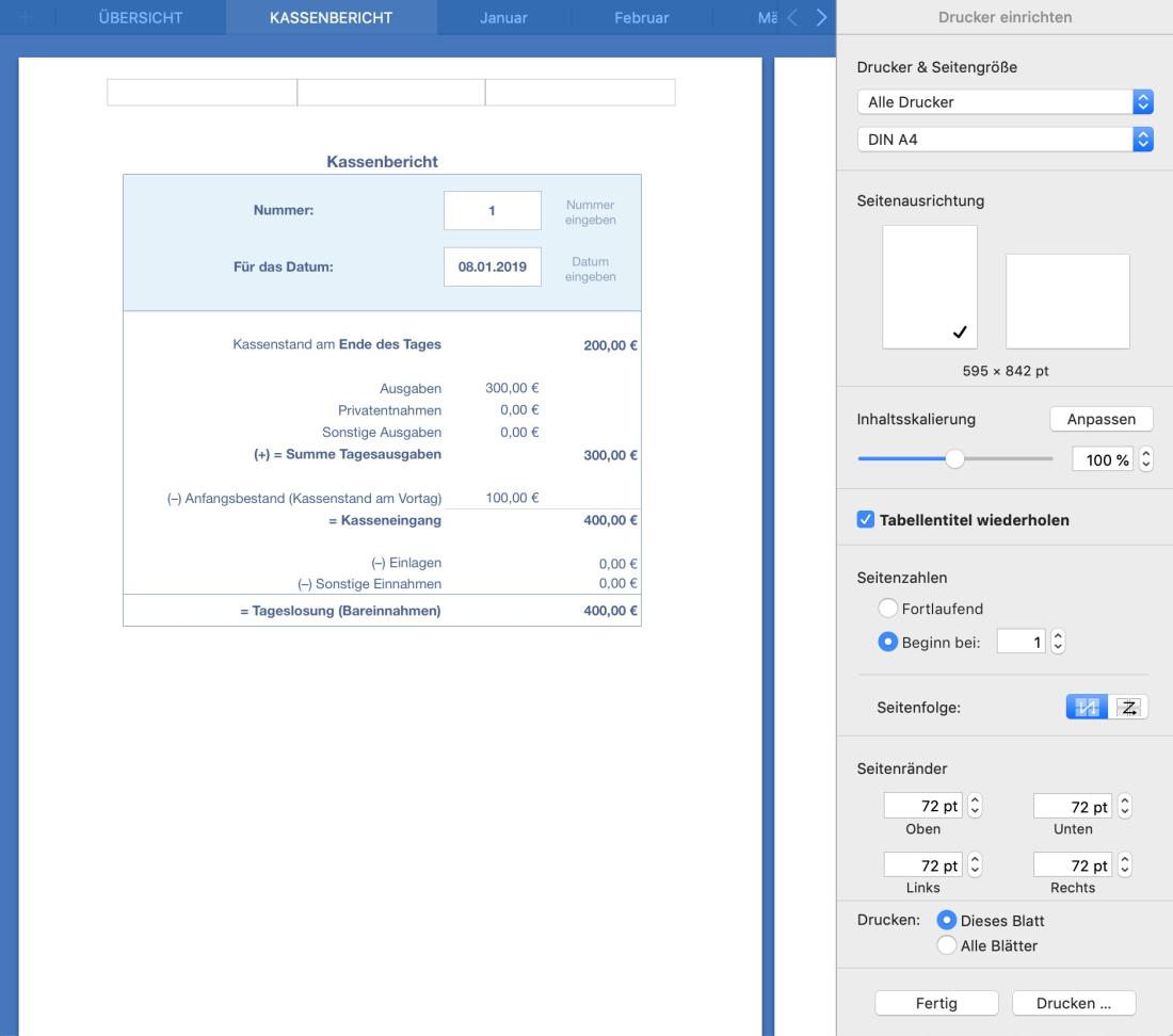 Numbers Vorlage Kassenbuch Druckansicht