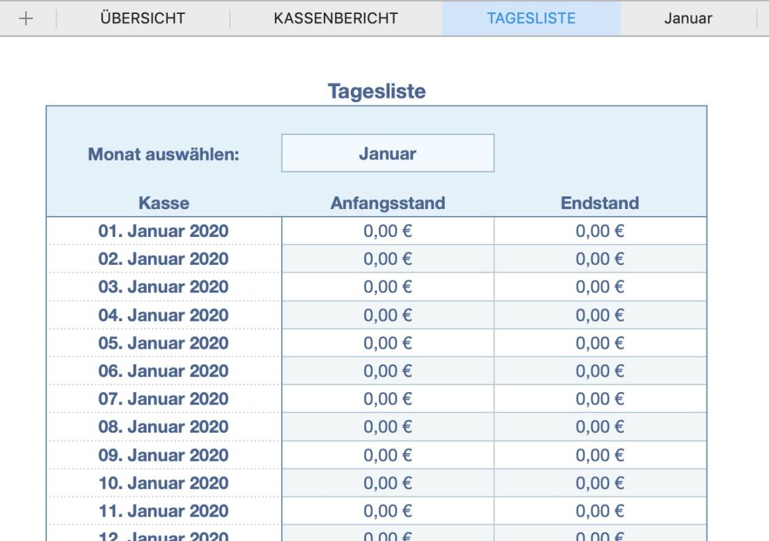 Numbers Vorlage Kassenbuch mit USt Tagesliste erstellen