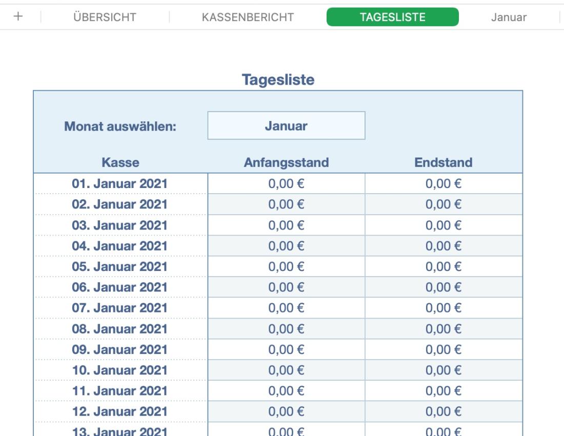 Numbers Vorlage Kassenbuch mit USt Tagesliste erstellen