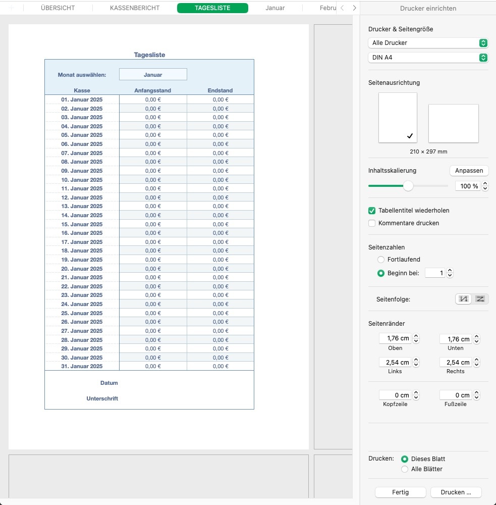 Numbers Vorlage Kassenbuch ohne USt 2025 Tagesliste drucken