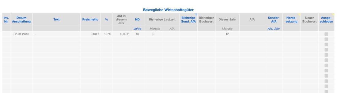 Vorlage Einnahmen-Überschuss-Rechnung 2016 für Mac und iPad Abschreibungen Liste Bewegliche Wirtschaftsgüter