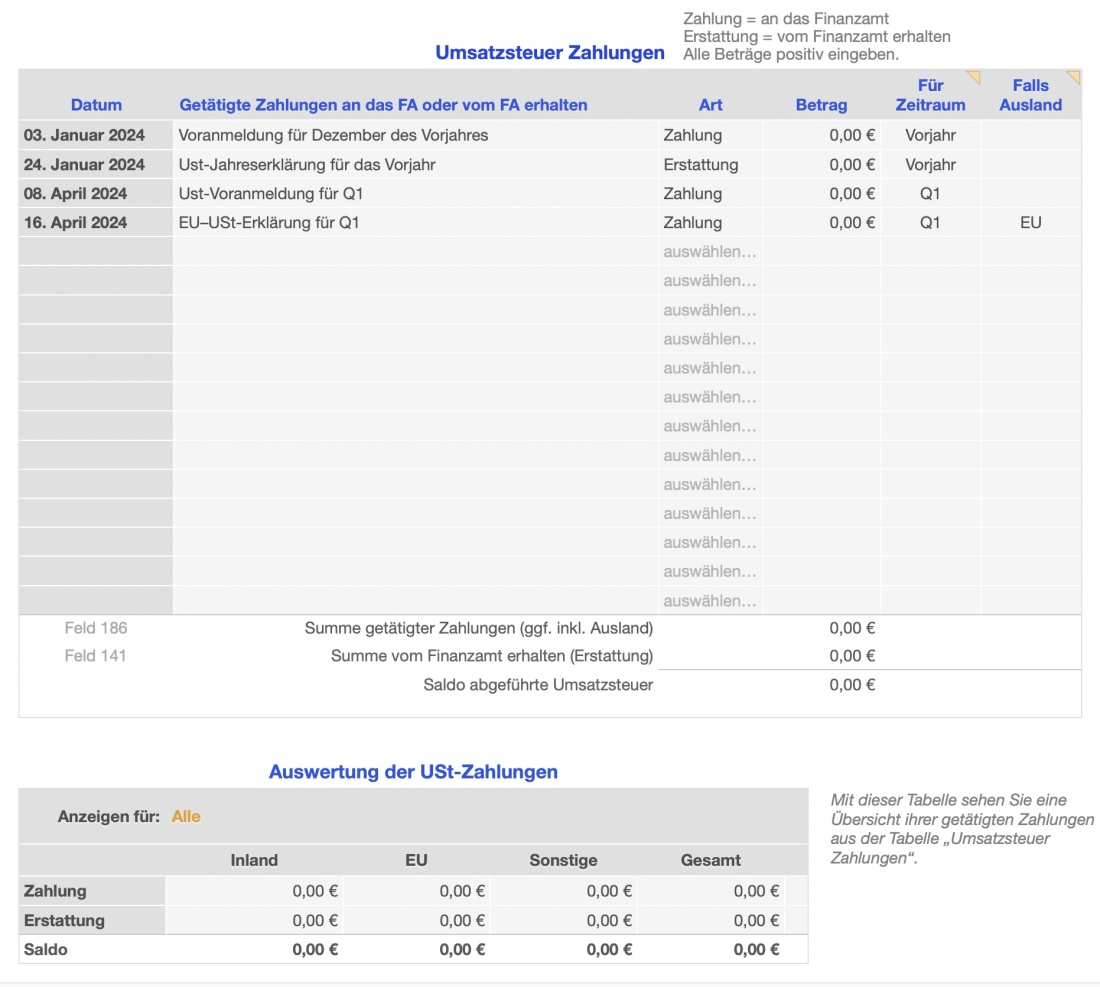 Vorlage Einnahmen-Überschuss-Rechnung 2025 für Mac und iPad USt-Zahlungen