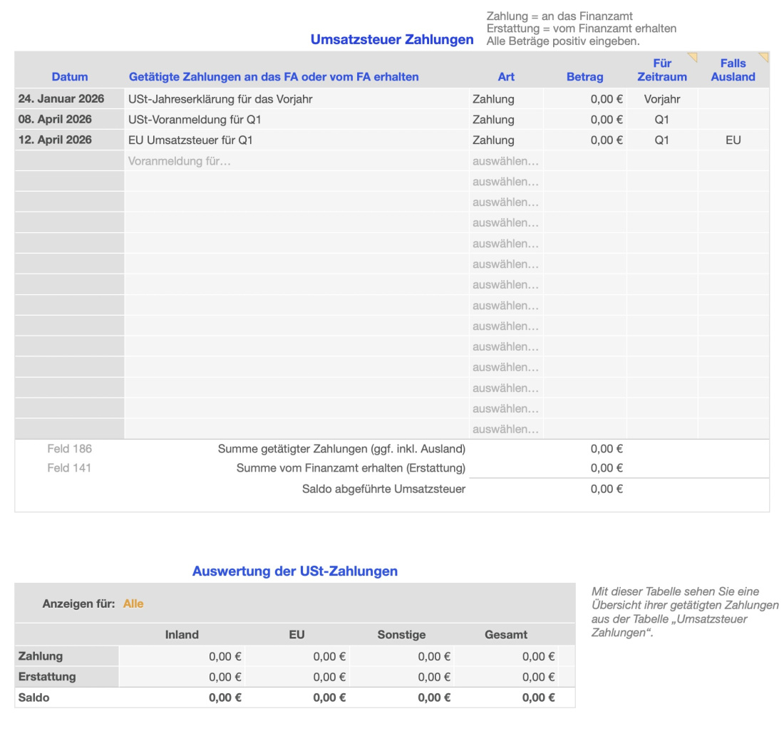Vorlage Einnahmen-Überschuss-Rechnung 2026 für Mac und iPad USt-Zahlungen