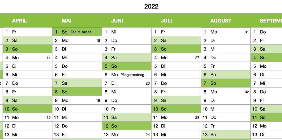 Numbers Vorlage Kalender 2022 Detail