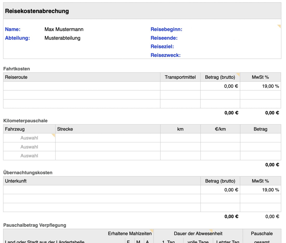 Numbers Vorlage Reisekostenabrechnung Details oben