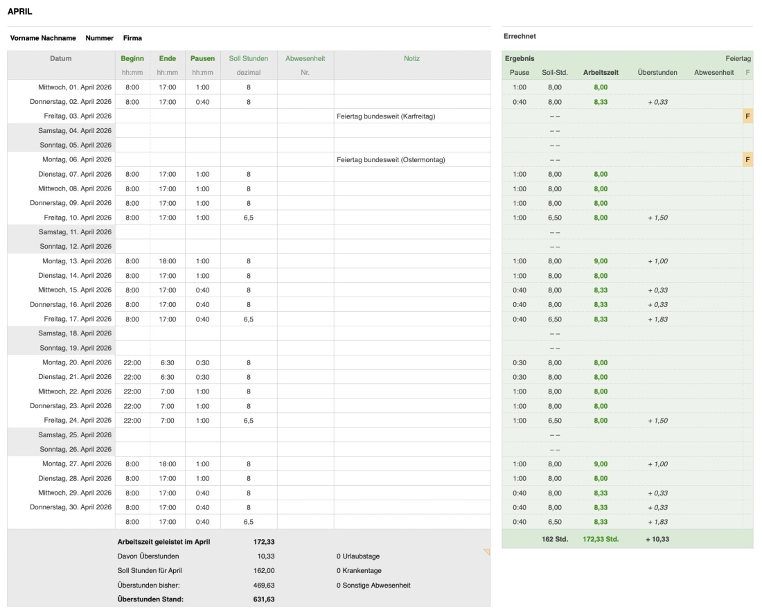 Numbers Vorlage Zeiterfassung Arbeitszeiterfassung Plus Tabelle 2026