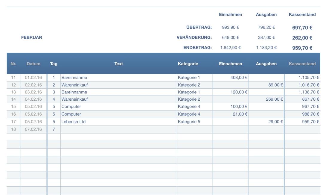 Numbers Vorlage Kassenbuch Mac und iPad Eingabe 2016