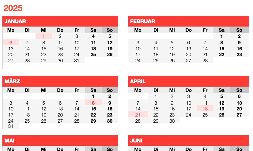 Numbers Vorlage Kalender Monatsansicht 2025 Jahresübersicht