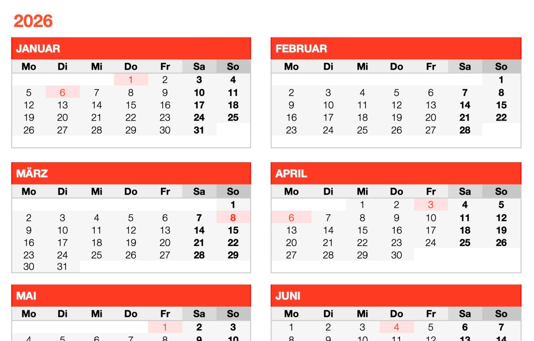 Numbers Vorlage Kalender Monatsansicht 2026 Jahr