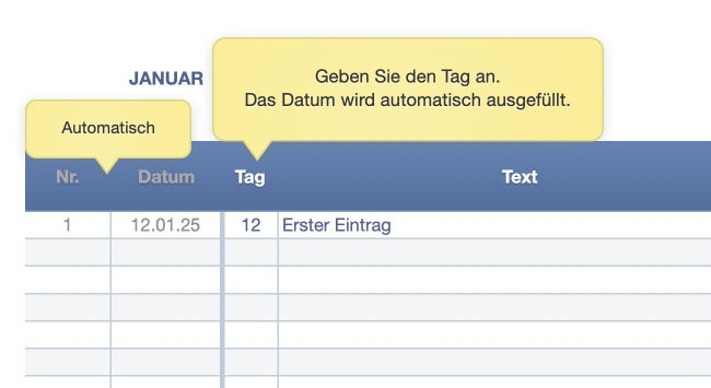 Numbers Vorlage Kassenbuch mit USt 2025 Datumseingabe