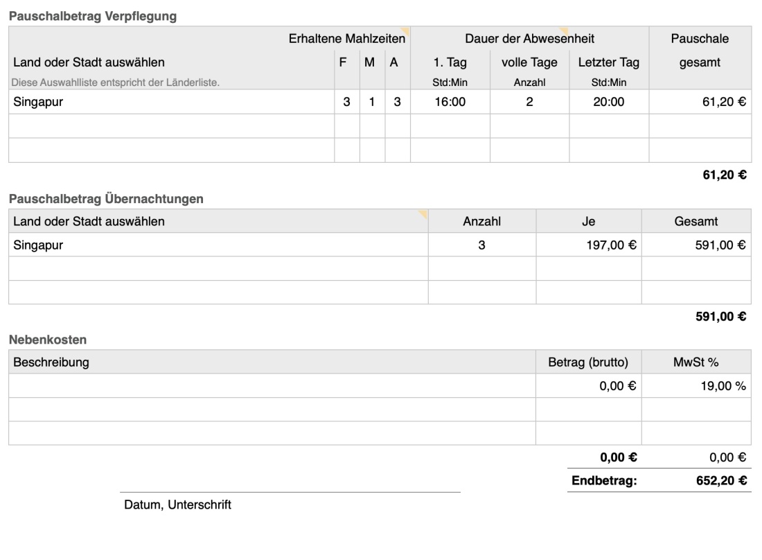 Numbers Vorlage Reisekostenabrechnung Details unten