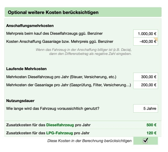 LPG Diesel Benzin Ersparnis Rechner Mehrkosten