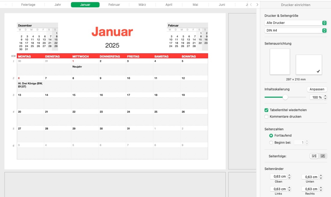 Numbers Vorlage Kalender Monatsansicht 2025 Druckansicht