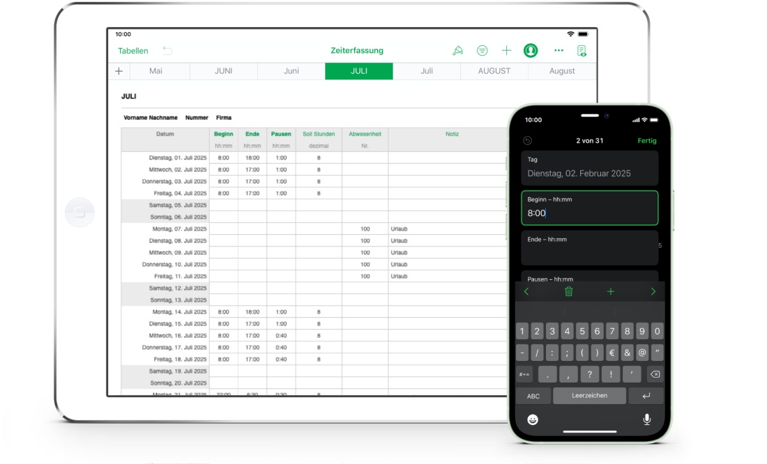 Numbers Vorlage Zeiterfassung Arbeitszeiterfassung für iPad 2025