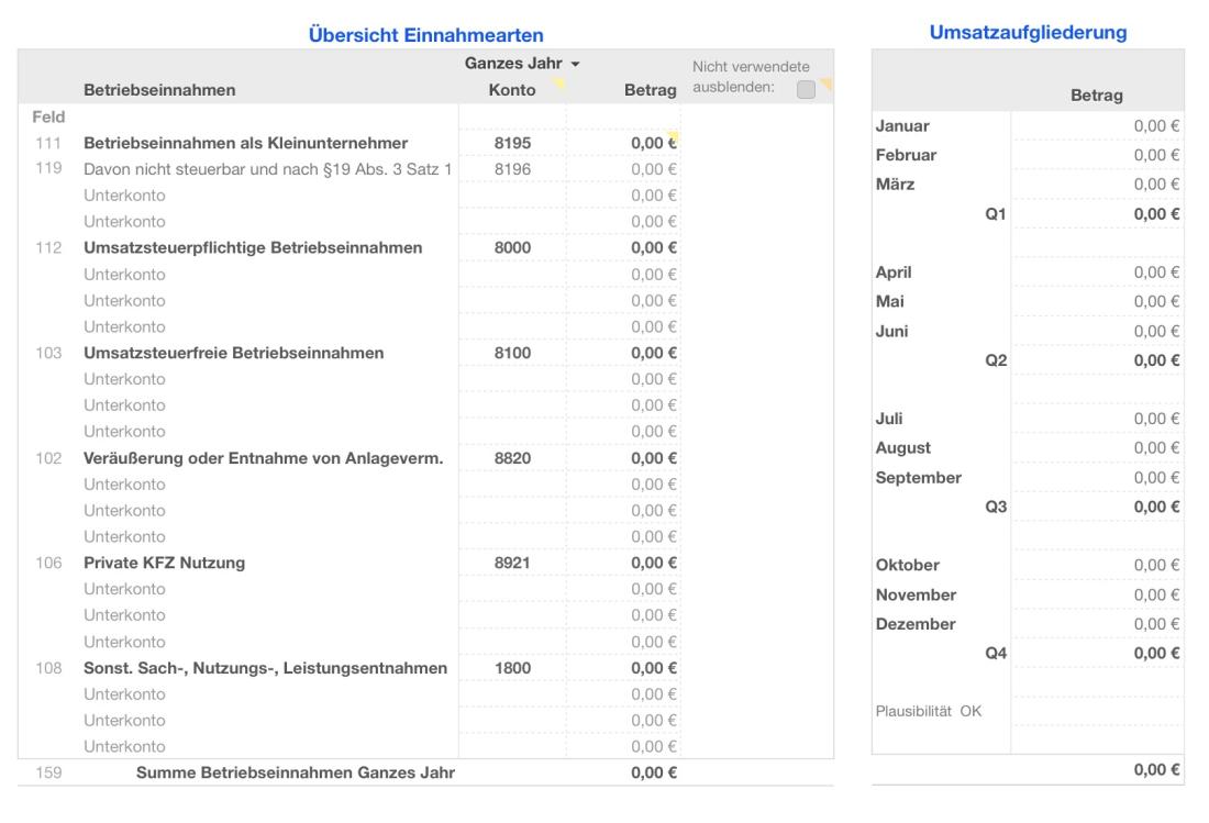 Numbers Vorlage Einnahmen-Überschuss-Rechnung 2019 ohne USt Übersicht