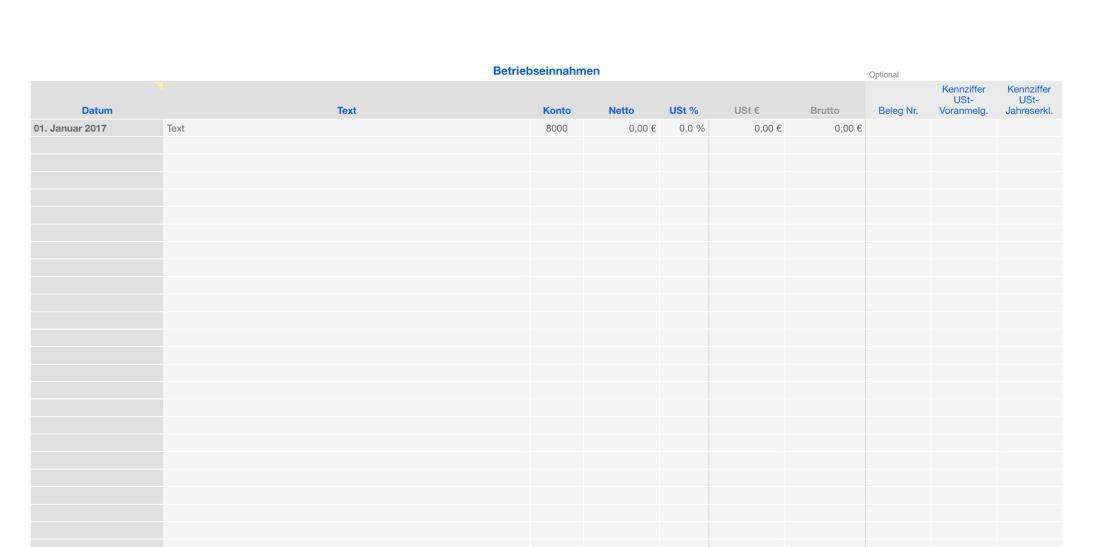 Vorlage Einnahmen-Überschuss-Rechnung 2017 für Mac und iPad Tabelle Einnahmen