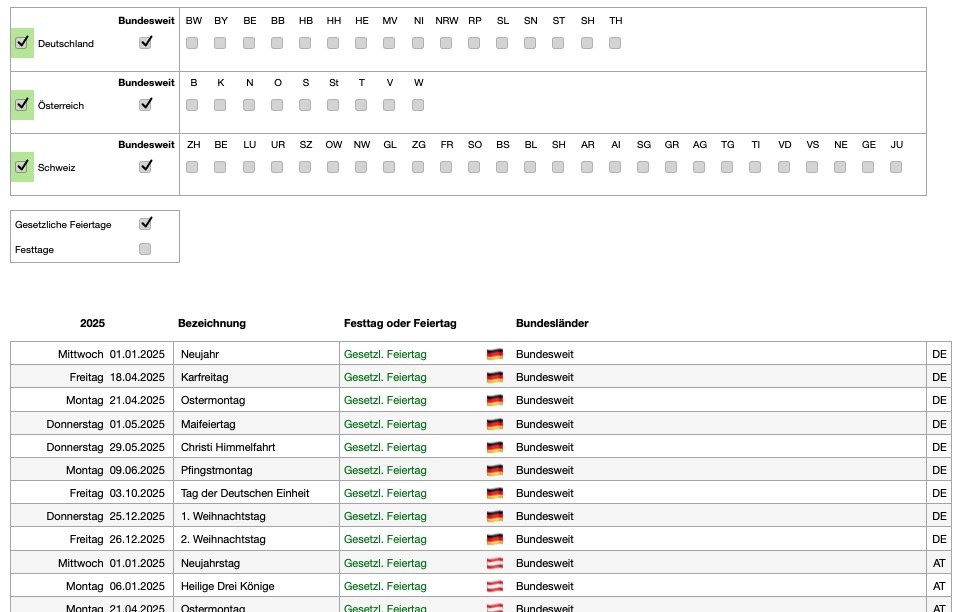 Numbers Vorlage Kalender Monatsansicht 2025 Feiertage