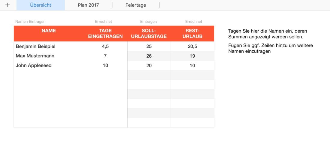 Numbers Vorlage Urlaubsplaner 2017 Auswertung Resturlaub