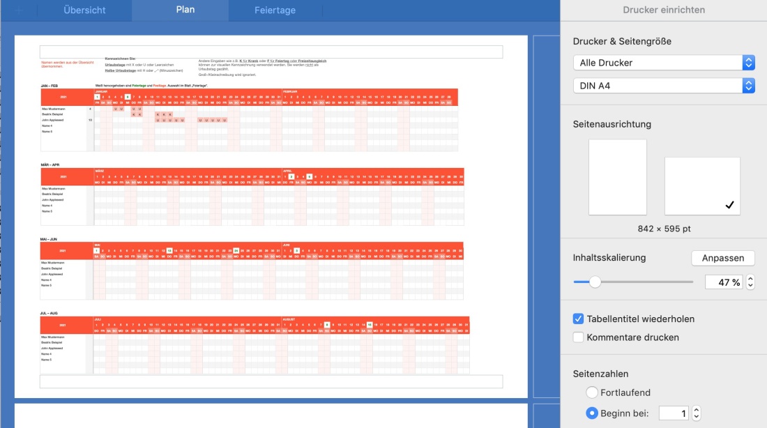Numbers Vorlage Urlaubsplaner 2026 Druckansicht
