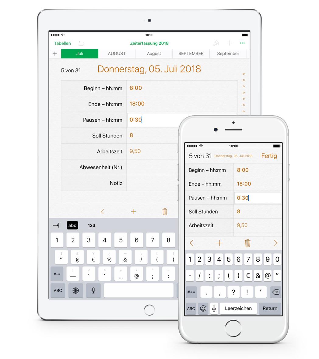 Numbers Vorlage Zeiterfassung Arbeitszeiterfassung für iPhone 2018
