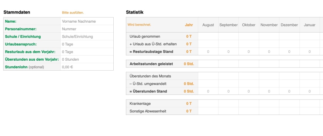 Numbers Vorlage Zeiterfassung Arbeitszeiterfassung Schuljahr Stammdaten 2026
