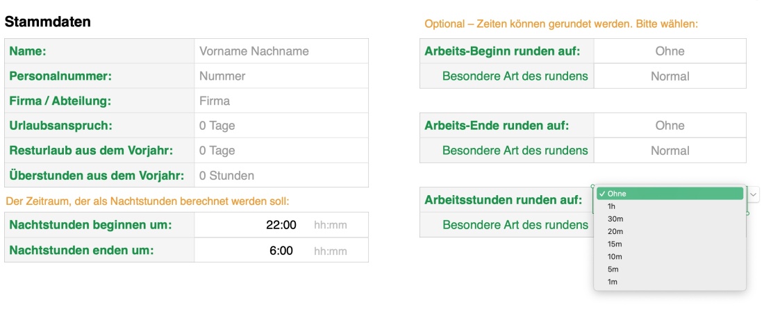 Numbers Vorlage Arbeitszeiterfassung mit Nachtschicht 2025 Stammdaten