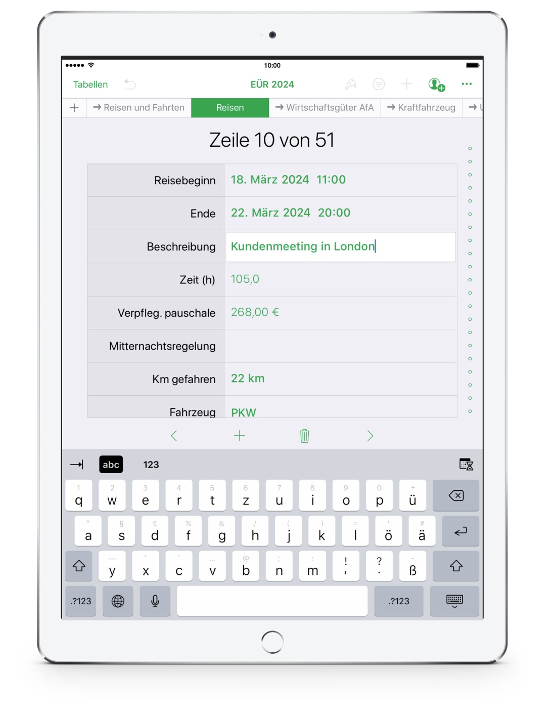 Einnahmen-Überschuss-Rechnung 2024 mit USt Reisekosten für iPad