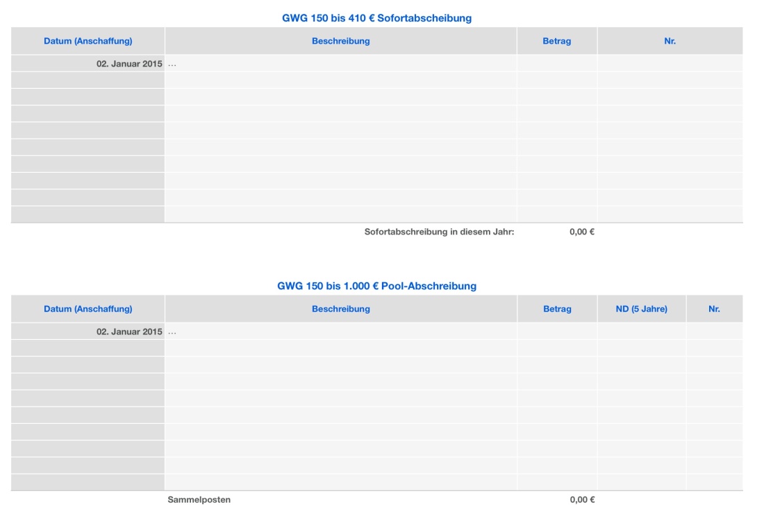 Vorlage Einnahmen-Überschuss-Rechnung 2015 ohne USt für Mac und iPad Abschreibungen pool Liste