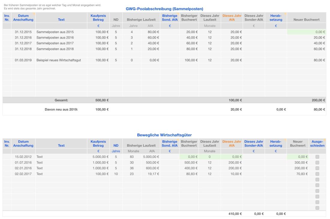 Numbers Vorlage Einnahmen-Überschuss-Rechnung 2019 ohne USt Abschreibungen