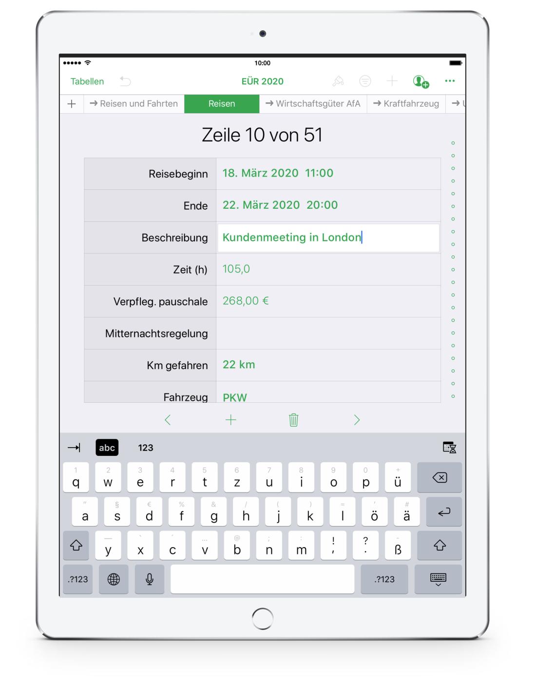 Einnahmen-Überschuss-Rechnung 2020 mit USt Reisekosten für iPad