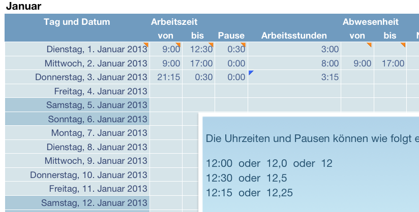 Vorlage Arbeitszeitnachweis Detail