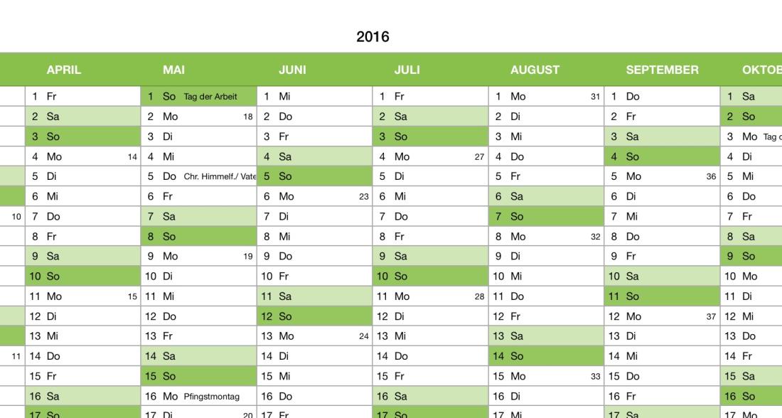 Numbers Vorage Kalender Jahresübersicht Detailansicht 2016