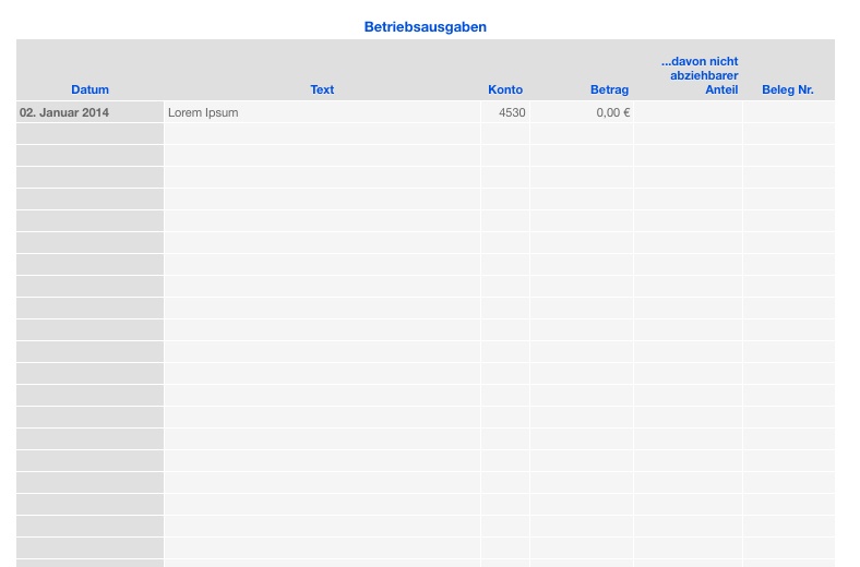 Vorlage Einnahmen-Überschuss-Rechnung 2014 ohne USt für Mac und iPad Ausgaben Liste