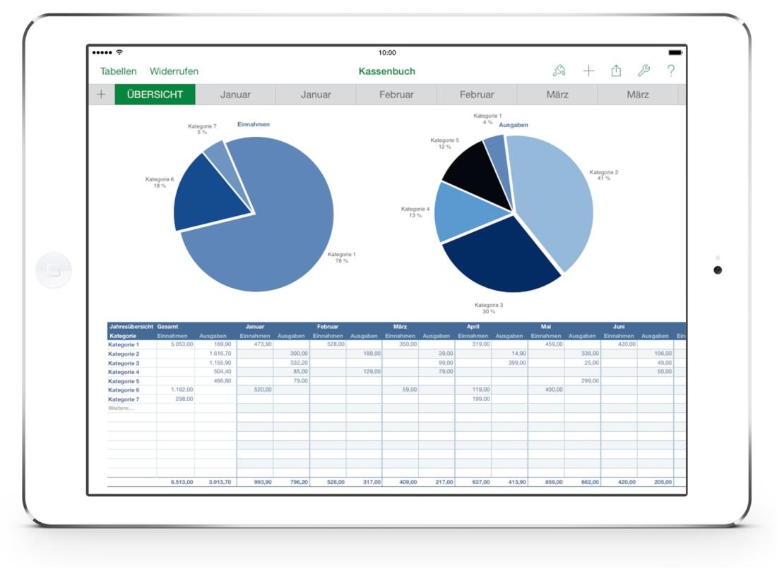 Numbers Vorlage Kassenbuch mit USt Diagramme auf iPad