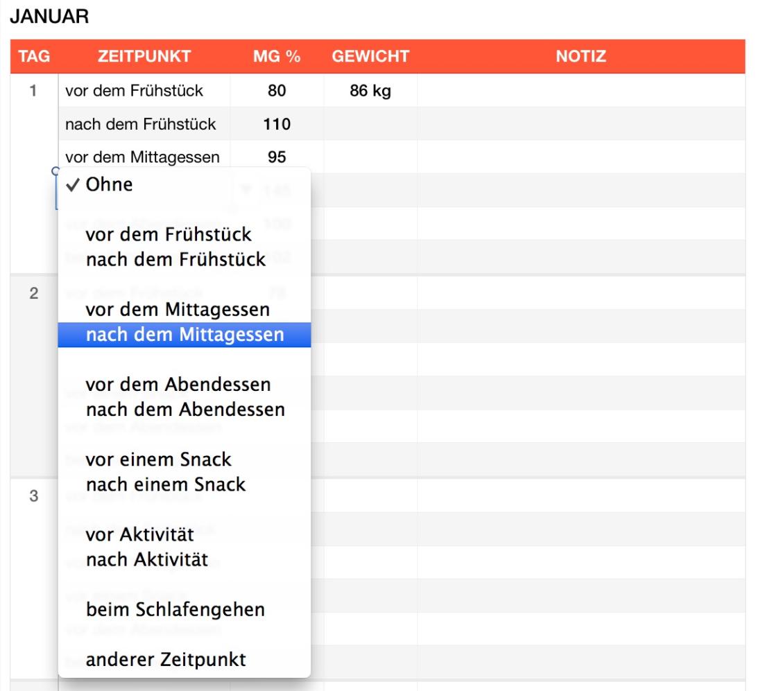Numbers Vorlage Blutzuckerwerte Dropdown Mac