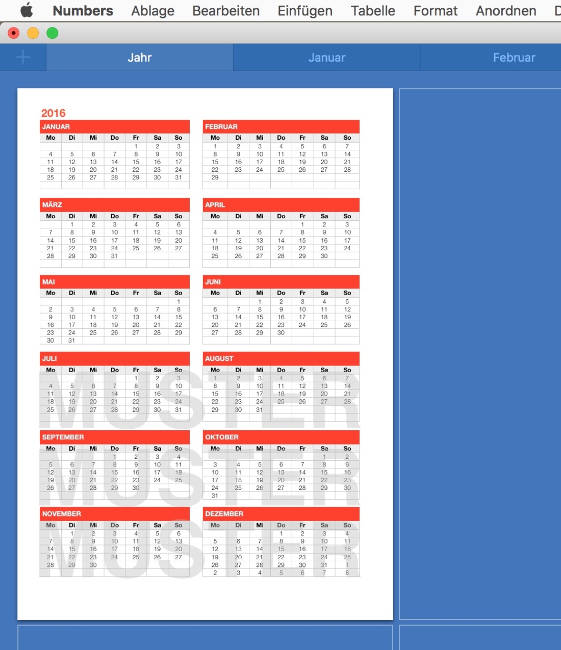 Numbers Vorlage Kalender 2016 ganzes Jahr Übersicht zum ausdrucken