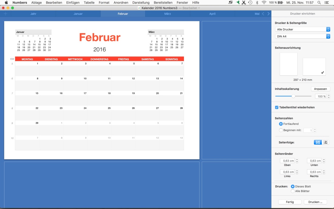 Numbers Vorlage Kalender 2016 ausdrucken