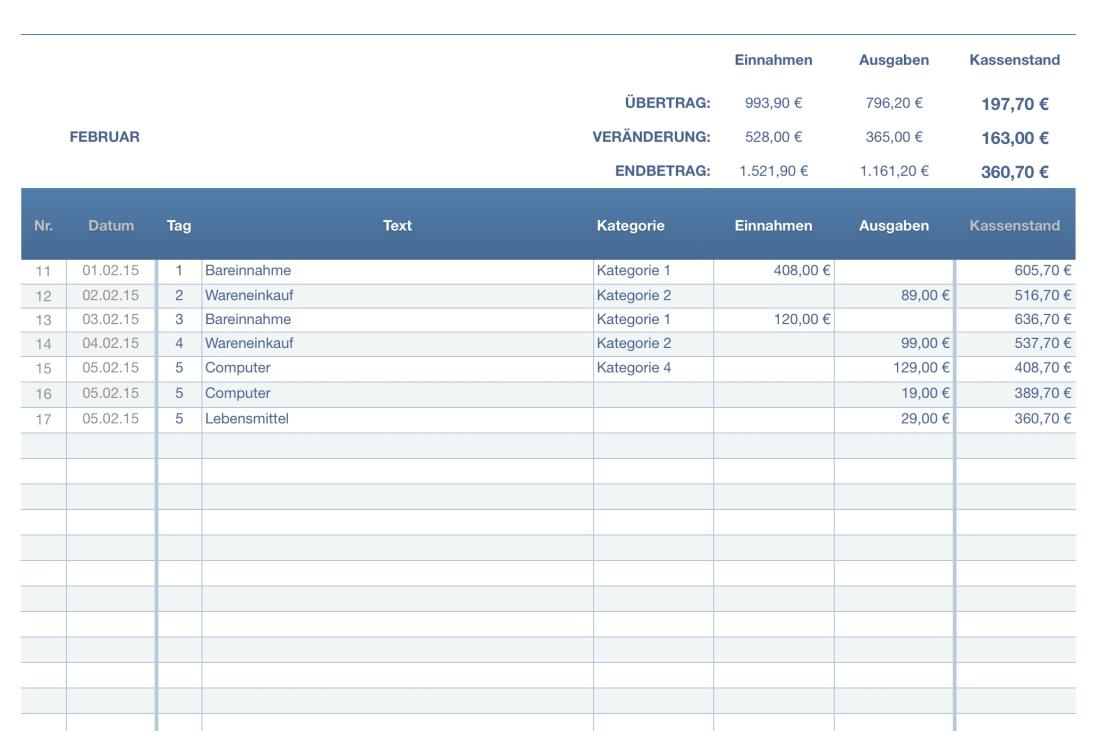 Numbers Vorlage Kassenbuch Mac und iPad Eingabe 2015