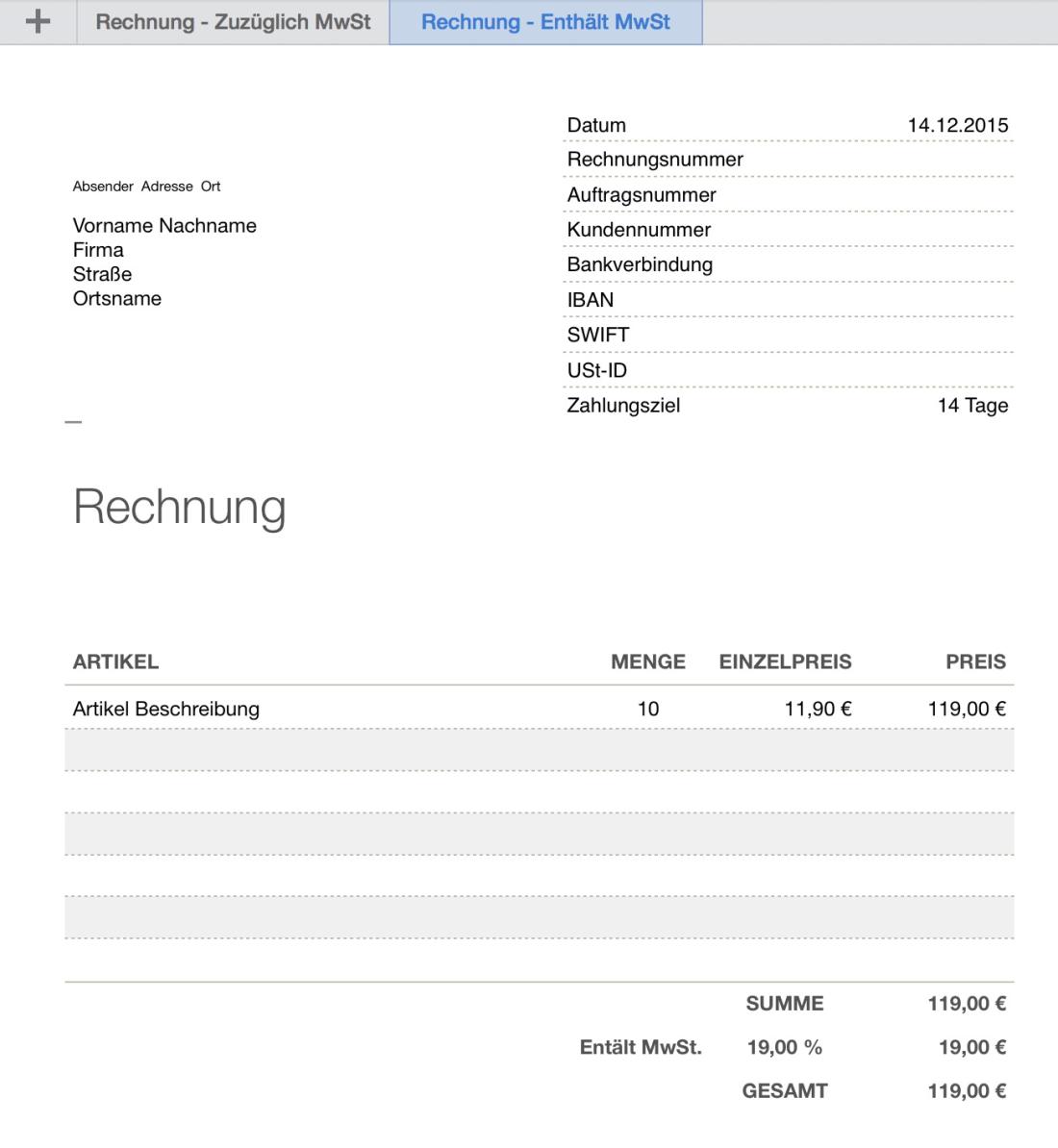 Numbers Rechnungsvorlage 