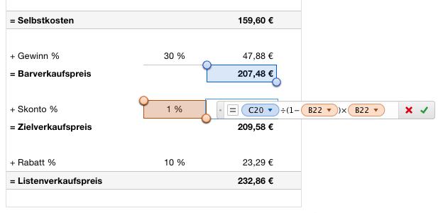 Numbers Vorlage Selbstkostenrechnung Formel