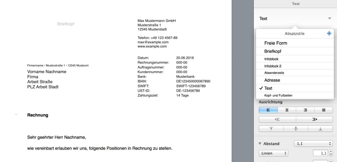 Rechnungsvorlage Pages Absatzstil