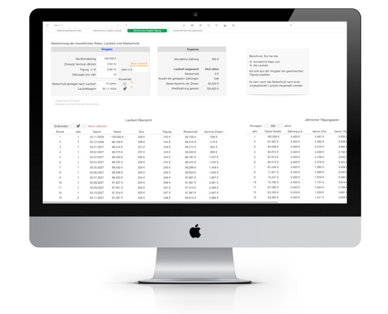 Numbers Vorlage Kreditrechner Darlehn Kredit Annuitätenrechner
