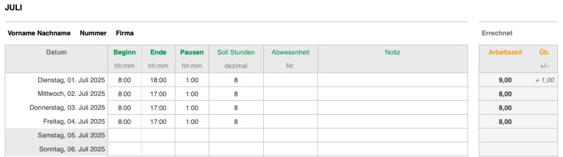 Numbers Vorlage Zeiterfassung 2025