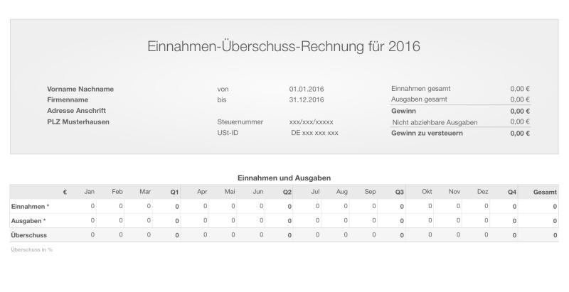 Einnahmen-Überschuss-Rechnung 2016 ohne USt für Mac und iPad 