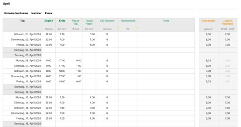 Numbers Vorlage Zeiterfassung 2026