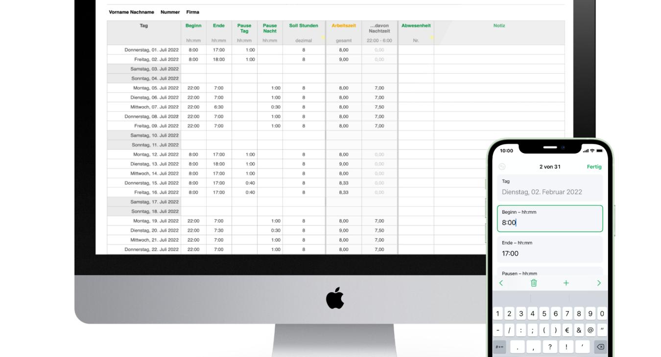 Vorlage Arbeitszeit auf Mac und iPhone