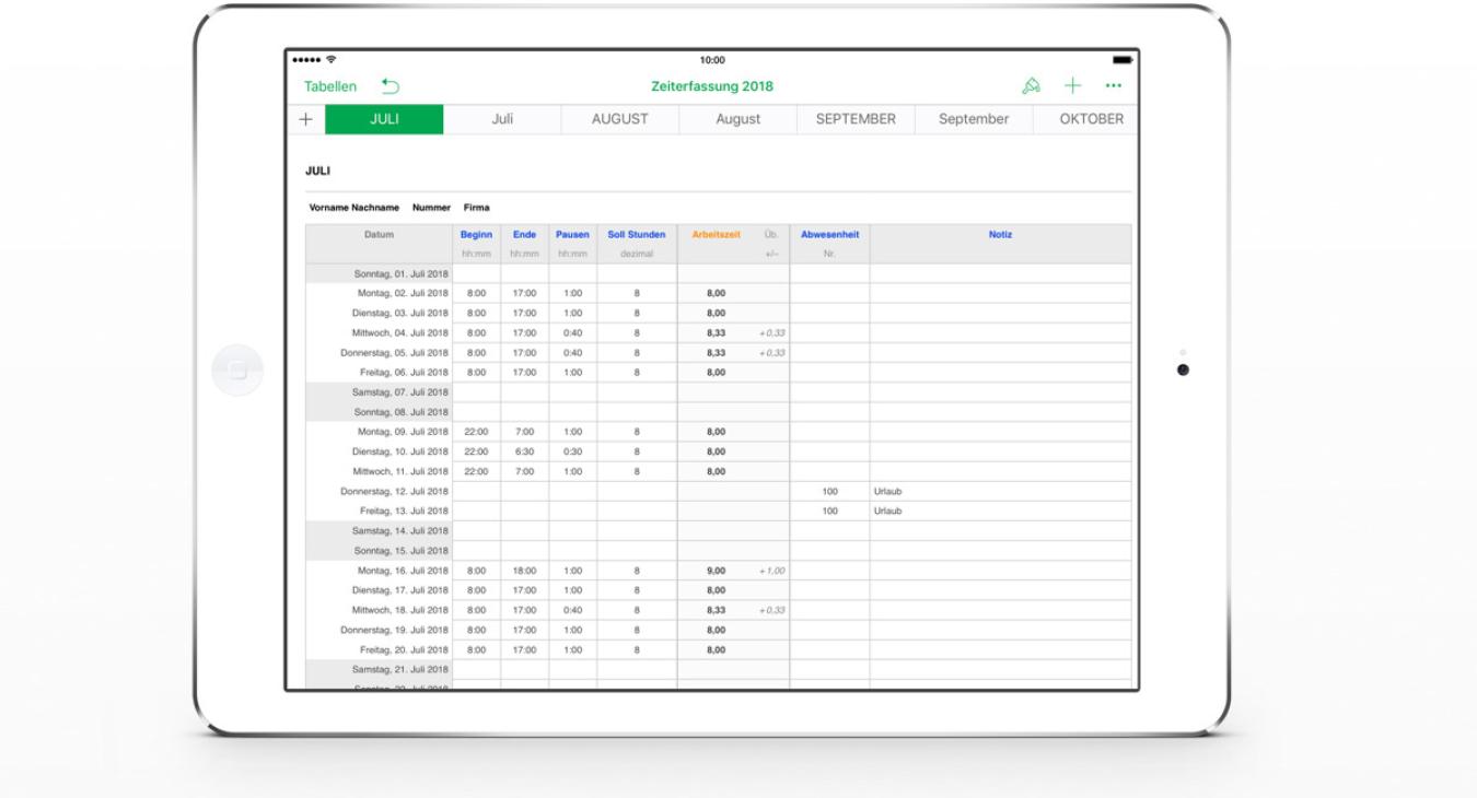 Numbers Vorlage Arbeitszeit Zeiterfassung